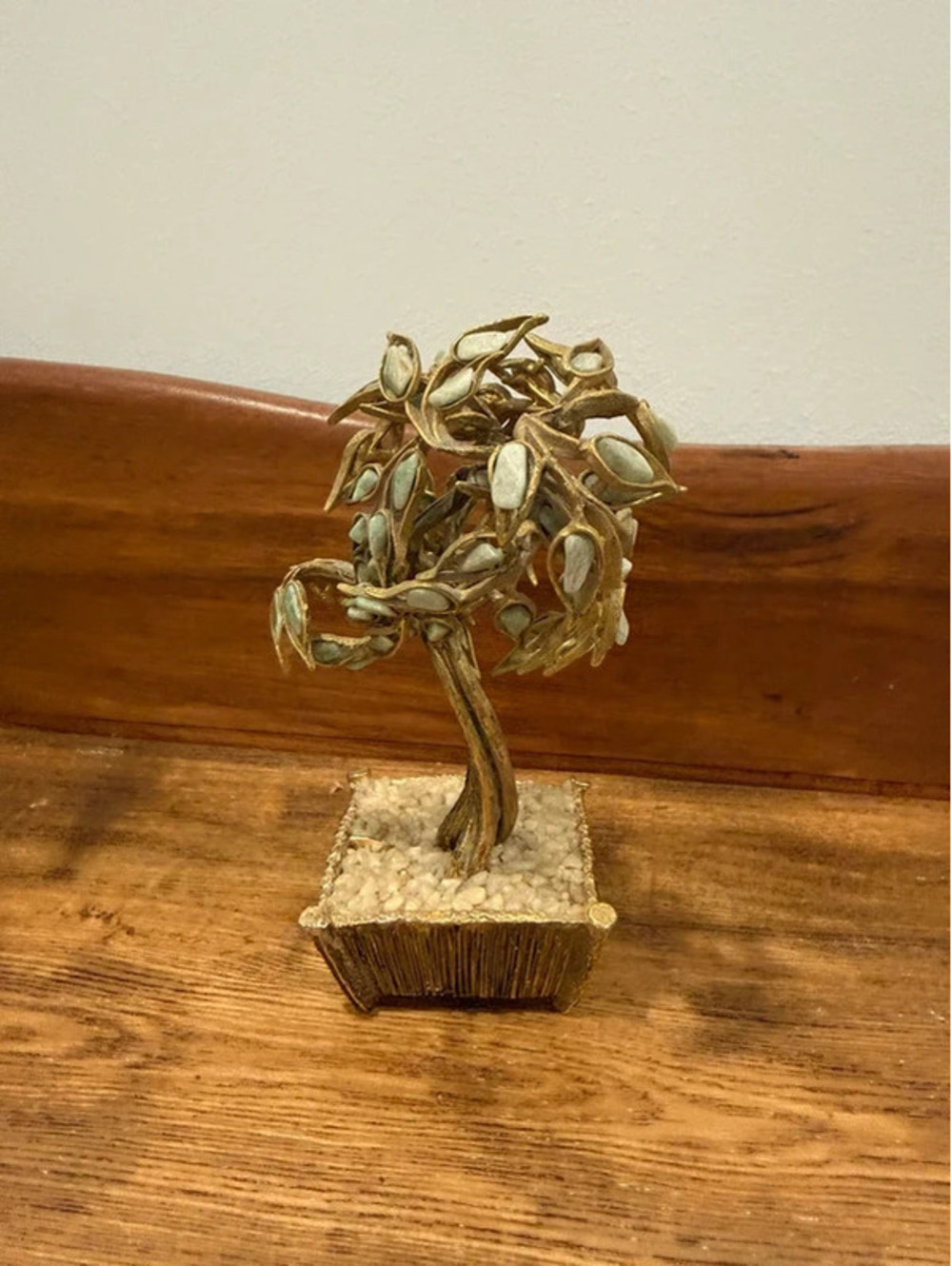 Vintage Gemstone Bonsai Tree Sculpture Gold Tone Wire Jade Stone Leaves